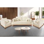 Kit Sofá 3 Lugares e 2 Poltronas Beny Viena Com Base de Madeira Suede Bege – Madeira Prima Deccor - Imagem 2