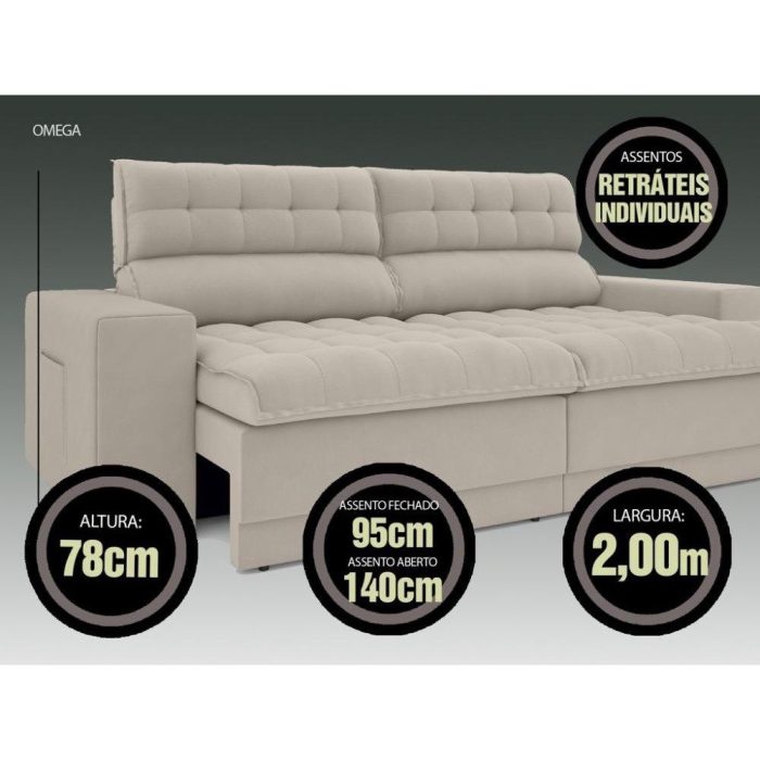 Sofá Omega 2,00m Assento Retrátil e Reclinável Velosuede Areia - Imagem 3