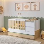 Berço Cama Multifuncional Auri Com 2 Gavetas E Cama Auxiliar Casatema Carvalho mel/branco