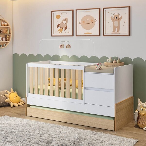Berço Cama Multifuncional Auri Com 2 Gavetas E Cama Auxiliar Casatema Carvalho mel/branco - Imagem 1