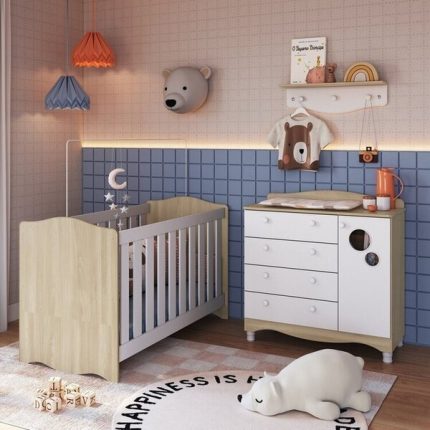 Conjunto Quarto De Bebê 1 Berço 1 Colchão 1 Cômoda 4 Gavetas 1 Prateleira Carvalho Araguaia/branco