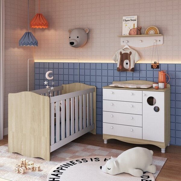 Conjunto Quarto De Bebê 1 Berço 1 Colchão 1 Cômoda 4 Gavetas 1 Prateleira Carvalho Araguaia/branco - Imagem 1