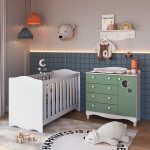 Conjunto Quarto De Bebê 1 Berço 1 Cômoda 4 Gavetas Trocador 1 Prateleira Branco/verde - Imagem 2