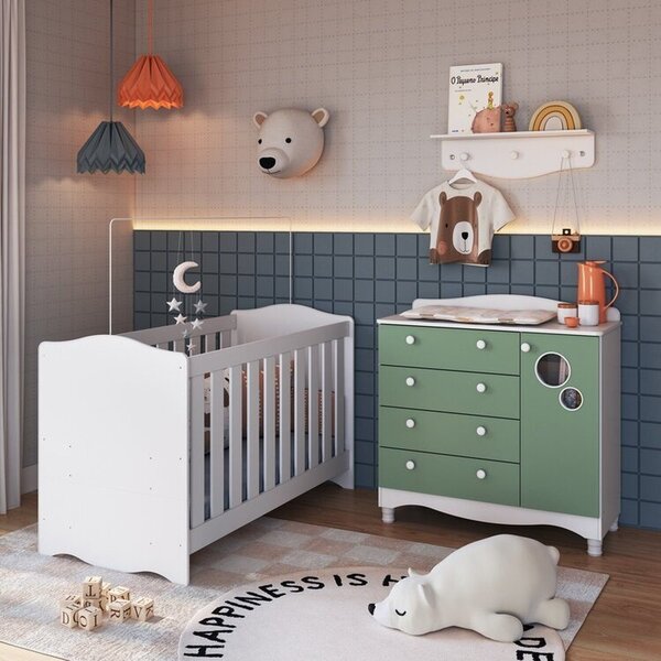 Conjunto Quarto De Bebê 1 Berço 1 Cômoda 4 Gavetas Trocador 1 Prateleira Branco/verde - Imagem 1