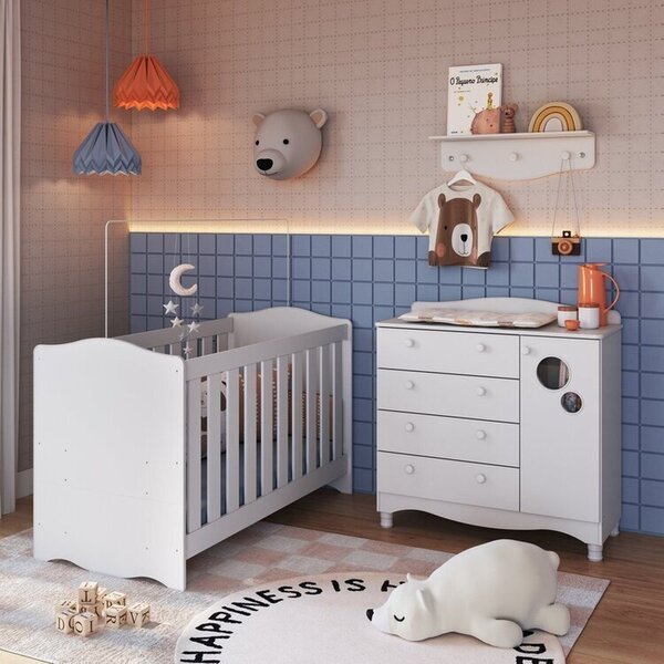 Conjunto Quarto De Bebê 1 Berço 1 Cômoda 4 Gavetas Trocador 1 Prateleira Branco - Imagem 1