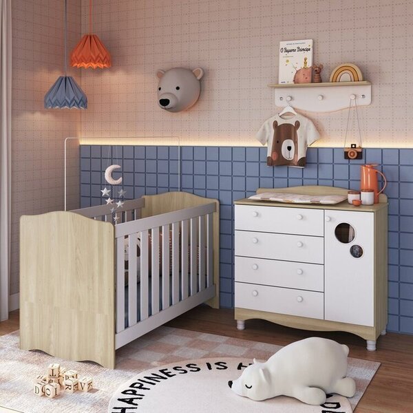Conjunto Quarto De Bebê 1 Berço 1 Cômoda Trocador 4 Gavetas 1 Prateleira Carvalho Araguaia/branco - Imagem 1