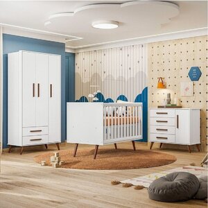 Conjunto Quarto De Bebê Encanto Retrô 1 Berço 1 Cômoda 4 Gavetas 1 Guarda Roupas 3 Portas Branco - Imagem 2
