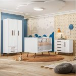 Conjunto Quarto De Bebê Encanto Retrô 1 Berço 1 Cômoda 4 Gavetas 1 Guarda Roupas 3 Portas Branco