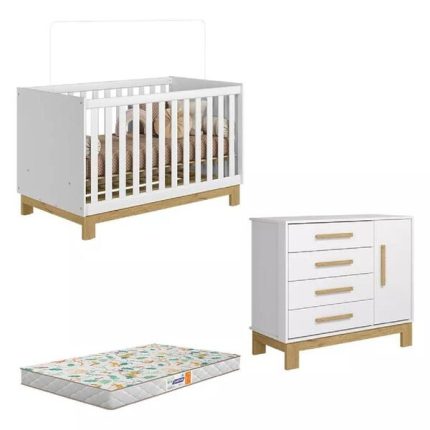 Jogo De Duarto Infantil Cômoda 4355 Com 4 Gavetas E Berço Americano 4315 Branco Acetinado - Qmovi