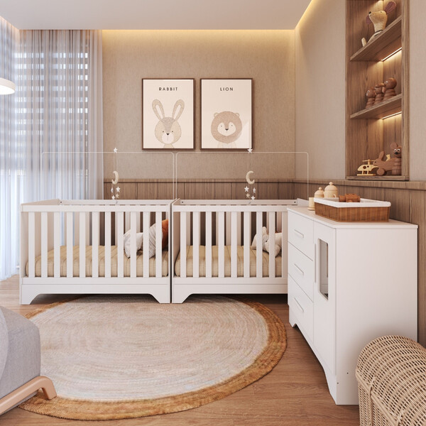 Quarto De Bebê Com 2 Berço Mini Cama Cômoda 1 Portas 3 Gavetas Com Janela Popy Retrô Peroba - Imagem 1
