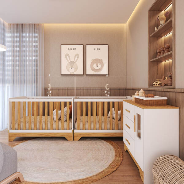 Quarto De Bebê Com 2 Berço Mini Cama Cômoda 1 Portas 3 Gavetas Com Janela Popy Retrô Peroba - Imagem 1