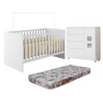 Quarto De Bebê Com Berço Com Colchão Life 100% Mdf E Cômoda De Bebê 100% Mdf 1 Porta 4 Gavetas Life Branco