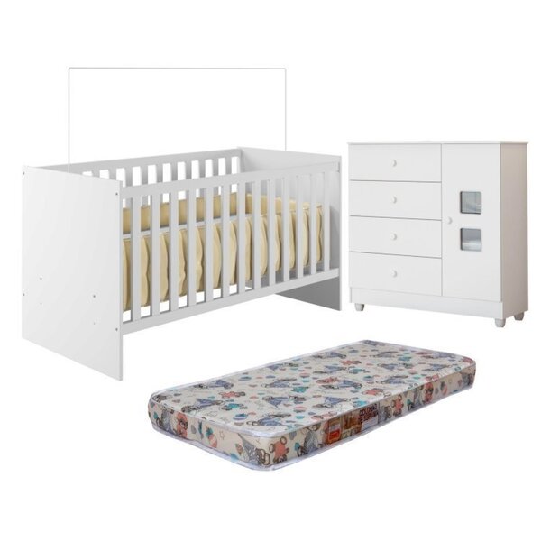 Quarto De Bebê Com Berço Com Colchão Life 100% Mdf E Cômoda De Bebê 100% Mdf 1 Porta 4 Gavetas Life Branco - Imagem 1