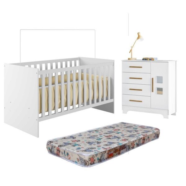 Quarto De Bebê Com Berço Com Colchão Suporte Life 100% Mdf E Cômoda 4 Gavetas 1 Porta Fly 100% Mdf Branco - Imagem 1