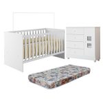 Quarto De Bebê Com Berço Com Colchão Suporte Life 100% Mdf E Cômoda 100% Mdf 1 Porta 4 Gavetas Life Branco - Imagem 2