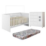 Quarto De Bebê Com Berço Com Colchão Suporte Life 100% Mdf E Cômoda 100% Mdf 1 Porta 4 Gavetas Life Branco