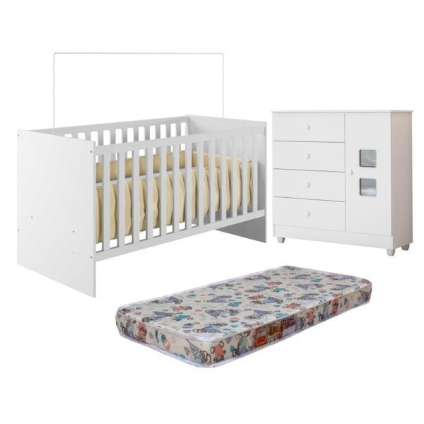 Quarto De Bebê Com Berço Com Colchão Suporte Life 100% Mdf E Cômoda 100% Mdf 1 Porta 4 Gavetas Life Branco - Imagem 1