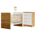 Quarto De Bebê Com Berço Com Suporte 100% Mdf Life E Cômoda De Bebê 100% Mdf 4 Gavetas Soft Life Branco/madeirado