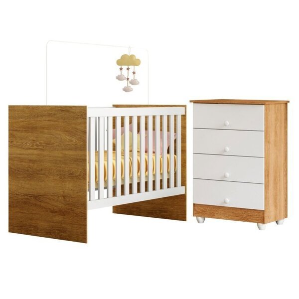 Quarto De Bebê Com Berço Com Suporte 100% Mdf Life E Cômoda De Bebê 100% Mdf 4 Gavetas Soft Life Branco/madeirado - Imagem 1