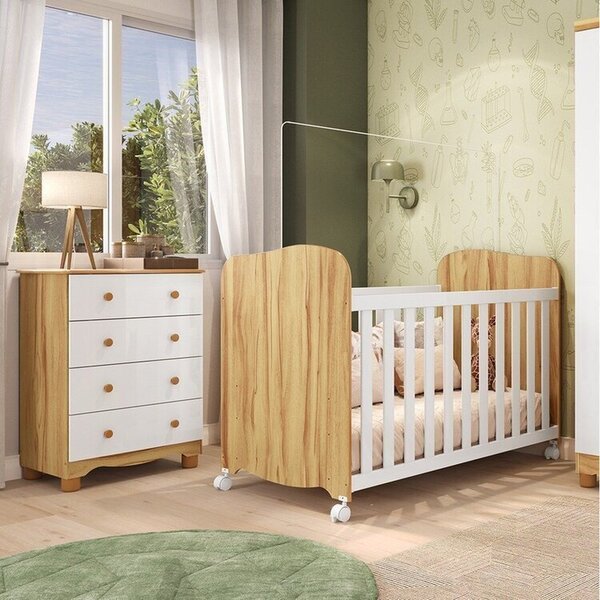 Quarto De Bebê Com Berço E Cômoda 4 Gavetas 100% Mdf Mimo Espresso Móveis Branco Brilho/amêndoa - Imagem 1