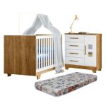 Quarto De Bebê Com Berço Mini Cama 100% Mdf Com Colchão Life E Cômoda 4 Gavetas 1 Porta Fly 100% Mdf