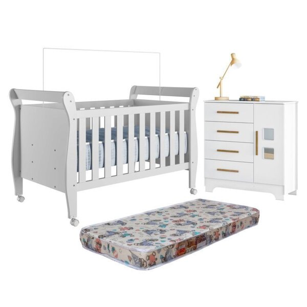 Quarto De Bebê Com Berço Mini Cama 100% Mdf Com Colchão Slim E Cômoda 4 Gavetas 1 Porta Fly 100% Mdf Branco - Imagem 1
