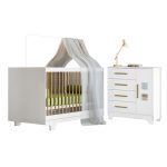 Quarto De Bebê Com Berço Mini Cama 100% Mdf Flocos E Cômoda 4 Gavetas 1 Porta Fly 100% Mdf Branco