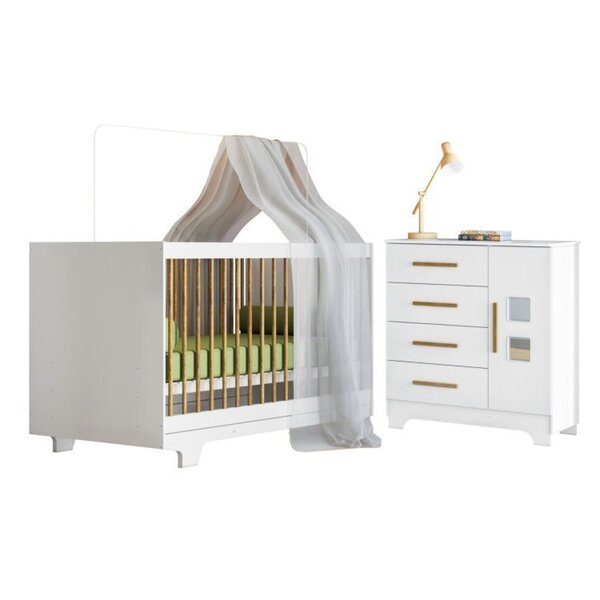 Quarto De Bebê Com Berço Mini Cama 100% Mdf Flocos E Cômoda 4 Gavetas 1 Porta Fly 100% Mdf Branco - Imagem 1