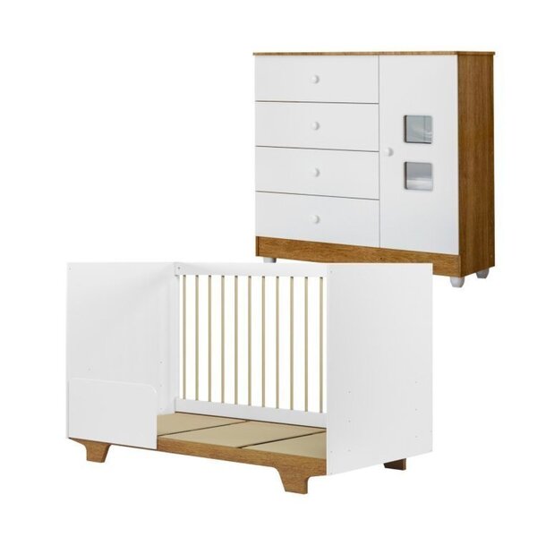 Quarto De Bebê Com Berço Mini Cama 100% Mdf Flocos E Cômoda De Bebê 100% Mdf 1 Porta 4 Gavetas Life Branco/madeirado - Imagem 1