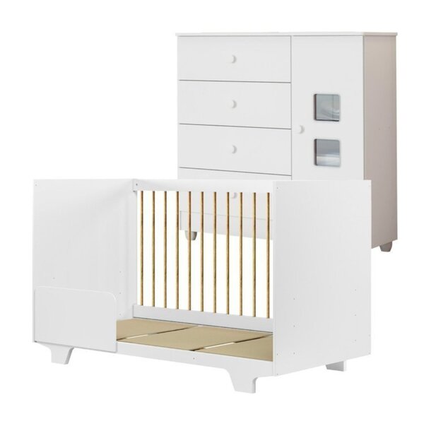 Quarto De Bebê Com Berço Mini Cama 100% Mdf Flocos E Cômoda De Bebê 100% Mdf 1 Porta 4 Gavetas Life Branco - Imagem 1