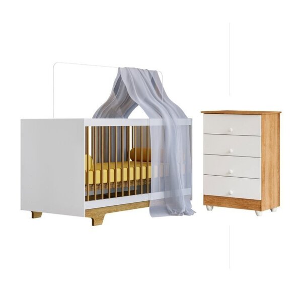 Quarto De Bebê Com Berço Mini Cama 100% Mdf Flocos E Cômoda De Bebê 100% Mdf 4 Gavetas Soft Life Branco/madeirado - Imagem 1