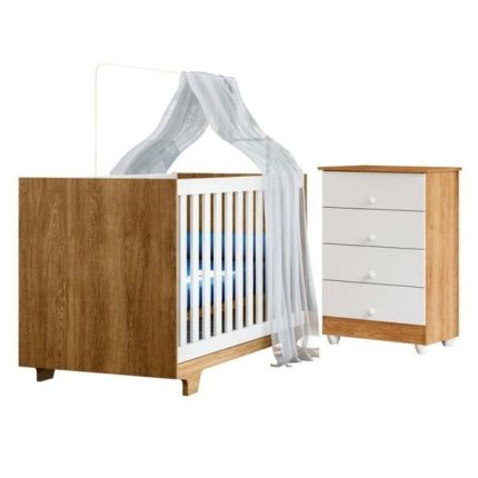 Quarto De Bebê Com Berço Mini Cama 100% Mdf Life E Cômoda De Bebê 100% Mdf 4 Gavetas Soft Life Branco/madeirado Ypê