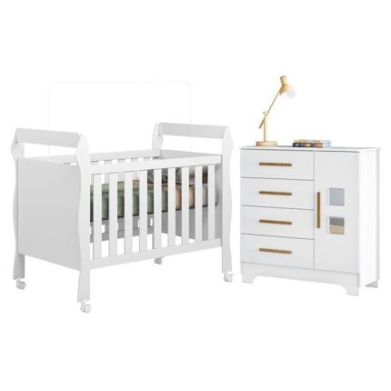 Quarto De Bebê Com Berço Mini Cama 3 Em 1 Soninho 100% Mdf E Cômoda 4 Gavetas 1 Porta Fly 100% Mdf Branco