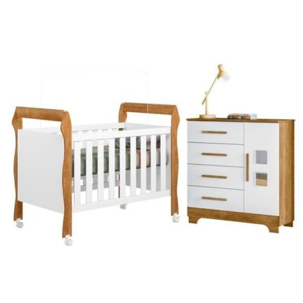 Quarto De Bebê Com Berço Mini Cama 3 Em 1 Soninho E Cômoda 4 Gavetas 1 Porta Fly 100% Mdf Branco/madeirado Ypê
