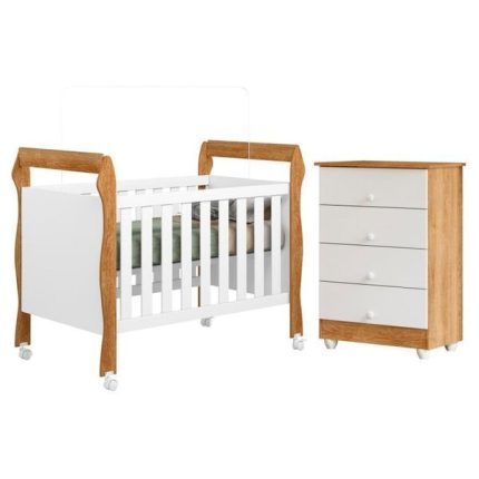 Quarto De Bebê Com Berço Mini Cama 3 Em 1 Soninho E Cômoda De Bebê 100% Mdf 4 Gavetas Soft Life Branco/madeirado