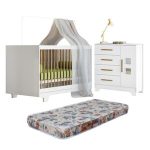 Quarto De Bebê Com Berço Mini Cama Com Colchão Flocos E Cômoda 4 Gavetas 1 Porta Fly 100% Mdf Branco - Imagem 2