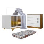 Quarto De Bebê Com Berço Mini Cama Com Colchão Flocos E Cômoda 100% Mdf 1 Porta 4 Gavetas Life Branco/madeirado Ypê - Imagem 2