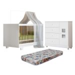 Quarto De Bebê Com Berço Mini Cama Com Colchão Flocos E Cômoda 100% Mdf 1 Porta 4 Gavetas Life Branco
