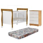 Quarto De Bebê Com Berço Mini Cama Com Colchão Slim E Cômoda De Bebê 100% Mdf 4 Gavetas Soft Life Branco/madeirado