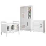 Quarto De Bebê Com Berço Mini Cama, Cômoda 1 Porta 4 Gavetas E Roupeiro Flocos 3 Portas 2 Gavetas Branco - Imagem 2
