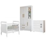 Quarto De Bebê Com Berço Mini Cama, Cômoda 1 Porta 4 Gavetas E Roupeiro Flocos 3 Portas 2 Gavetas Branco