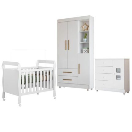 Quarto De Bebê Com Berço Mini Cama, Cômoda 1 Porta 4 Gavetas E Roupeiro Flocos 3 Portas 2 Gavetas Branco