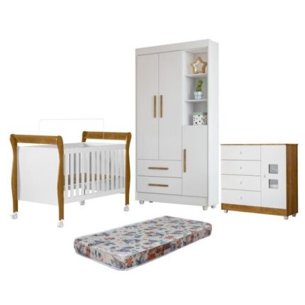 Quarto De Bebê Com Berço Mini Cama, Cômoda 1 Porta 4 Gavetas E Roupeiro Flocos 3 Portas 2 Gavetas Branco/madeirado
