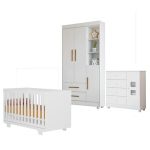 Quarto De Bebê Com Berço Mini Cama, Cômoda 1 Porta 4 Gavetas E Roupeiro Flocos 3 Portas 2 Gavetas Branco - Imagem 2