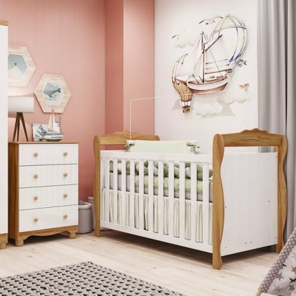 Quarto De Bebê Com Berço Minicama E Cômoda 4 Gavetas 100% Mdf Nina Espresso Móveis Branco Brilho/amêndoa