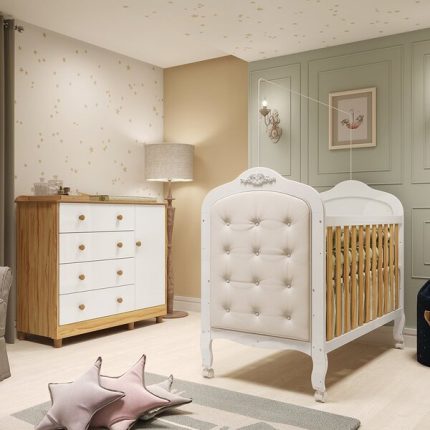 Quarto De Bebê Com Cômoda 1 Porta 4 Gavetas E Berço Capitonê 100% Mdf Maya Clássico Espresso Móveis Branco