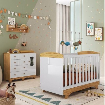 Quarto De Bebê Com Cômoda 1 Porta Janelada 4 Gavetas E Berço Minicama 100% Mdf Lena Espresso Móveis Branco
