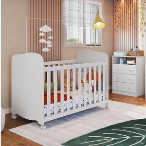 Quarto De Bebê Com Cômoda 3 Gavetas E Berço Americano 100% Mdf Teka Espresso Móveis Branco Brilho - Imagem 2