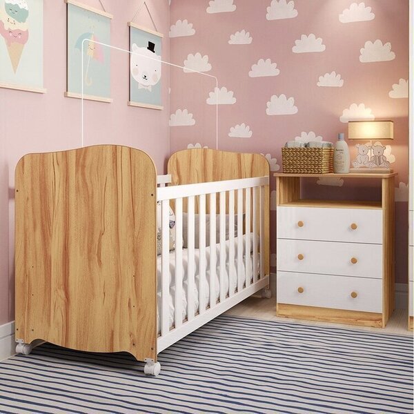 Quarto De Bebê Com Cômoda 3 Gavetas E Berço Americano 100% Mdf Teka Espresso Móveis Branco Brilho/amêndoa - Imagem 1
