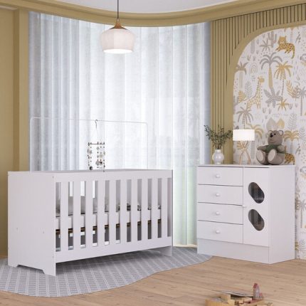 Quarto De Bebê Com Cômoda 4 Gavetas 1 Porta Com Janela E Berço 3 Em 1 Maya Rodial
